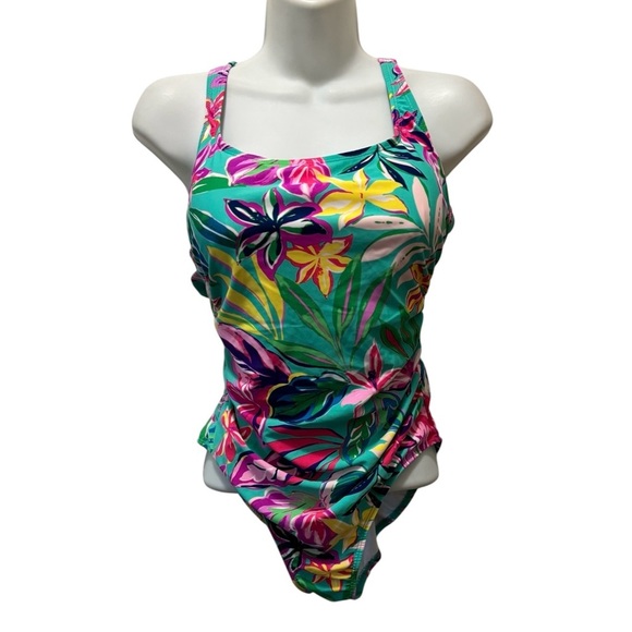 Stella Parker Shirred Multi-Color Hawaiian Floral One Piece Swimsuit Sz M New - Picture 3 of 11